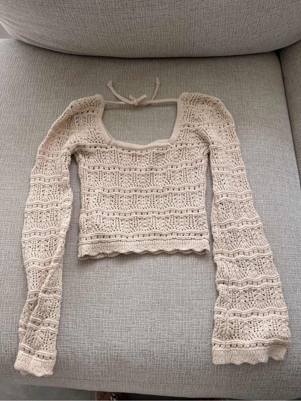 Square-Neck Crochet Crop Top in Beige